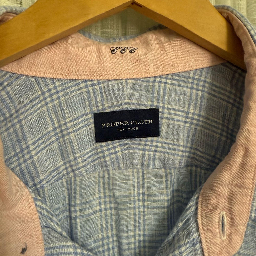 Proper Cloth 100% Linen Blue Plaid Shirt